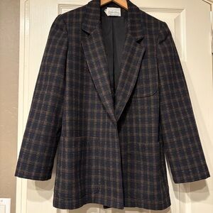 RUSS TOGS Vintage Women's Wool Plaid Blazer Size Large Jacket 70s Navy Tan
